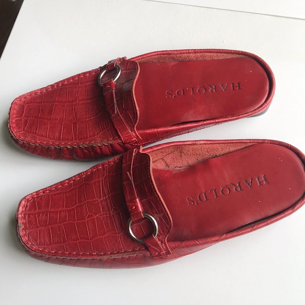 Harold’s red croc driving shoes